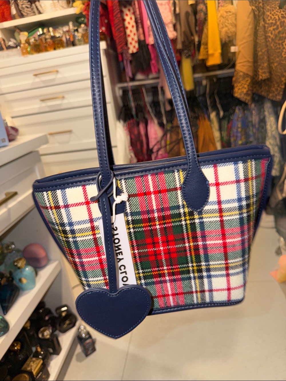 Stoney Clover Lane Plaid Tote with Navy Trim and Heart Charm